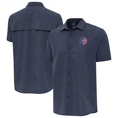 Antigua Chicago Cubs Activate Stars and Stripes Team Logo Short Sleeve Button-Up Shirt