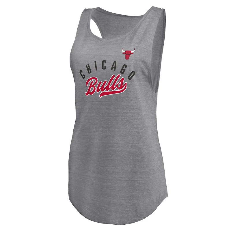Fanatics Heathered Gray Chicago Bulls Quality Time Open Scoop Neck Tri-Blend Tank Top