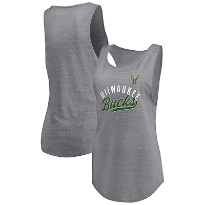 Fanatics Heathered Gray Milwaukee Bucks Quality Time Open Scoop Neck Tri-Blend Tank Top