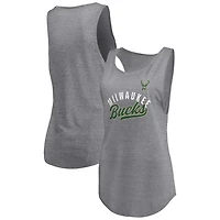 Fanatics Heathered Gray Milwaukee Bucks Quality Time Open Scoop Neck Tri-Blend Tank Top