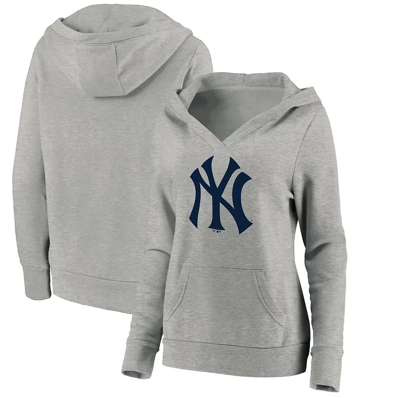 Fanatics Heathered Gray New York Yankees Official Logo Crossover V-Neck Pullover Hoodie