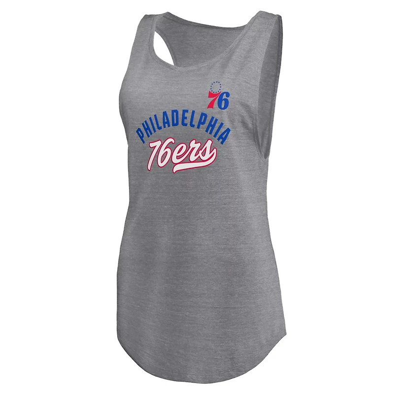 Fanatics Heathered Gray Philadelphia 76ers Quality Time Open Scoop Neck Tri-Blend Tank Top