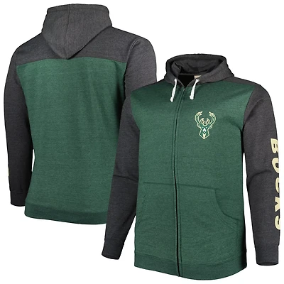 Fanatics Heathered Hunter /Heathered Black Milwaukee Bucks Big  Tall Down and Distance Full-Zip Hoodie