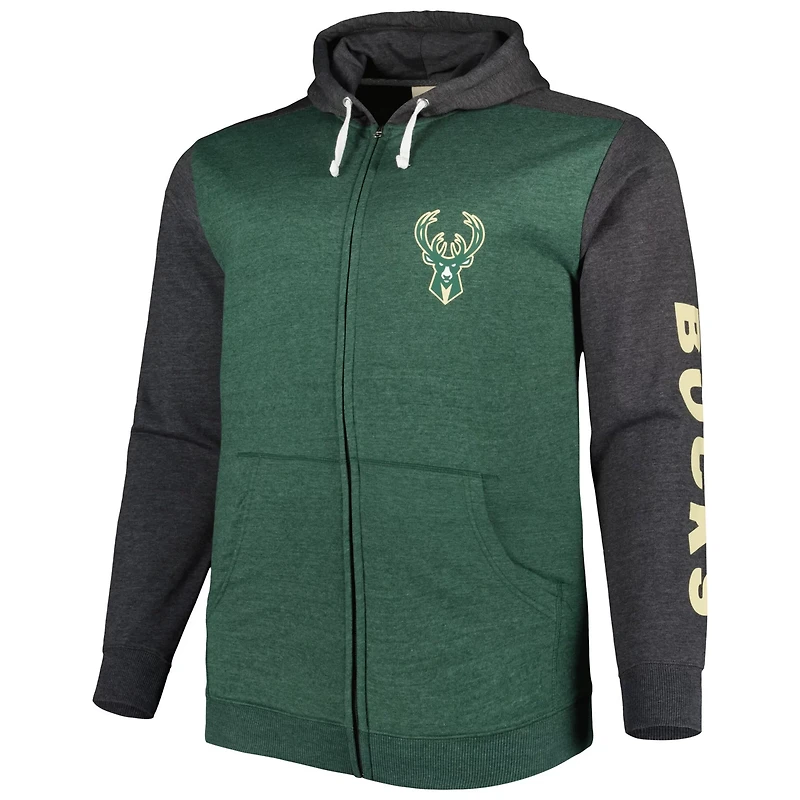 Fanatics Heathered Hunter /Heathered Black Milwaukee Bucks Big  Tall Down and Distance Full-Zip Hoodie