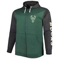 Fanatics Heathered Hunter /Heathered Black Milwaukee Bucks Big  Tall Down and Distance Full-Zip Hoodie