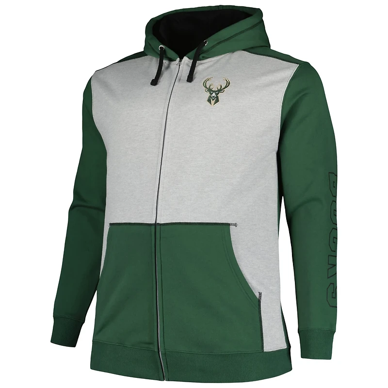 Fanatics Hunter /Heather Gray Milwaukee Bucks Big  Tall Contrast Pieced Stitched Full-Zip Hoodie
