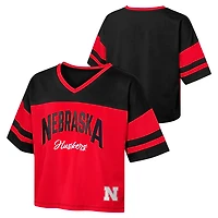 Girls Youth Nebraska Huskers The Playmaker Sleeve Stripe V-Neck Jersey T-Shirt