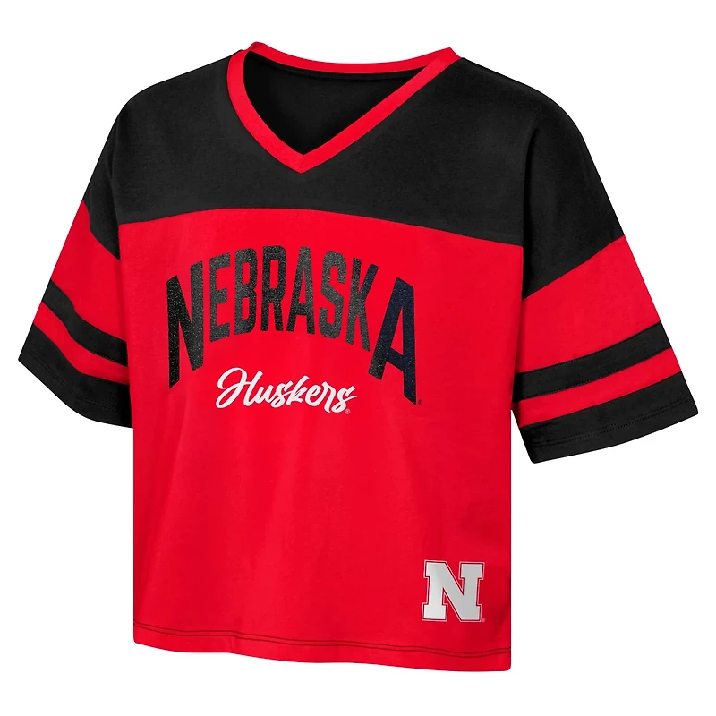 Girls Youth Nebraska Huskers The Playmaker Sleeve Stripe V-Neck Jersey T-Shirt