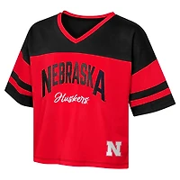 Girls Youth Nebraska Huskers The Playmaker Sleeve Stripe V-Neck Jersey T-Shirt