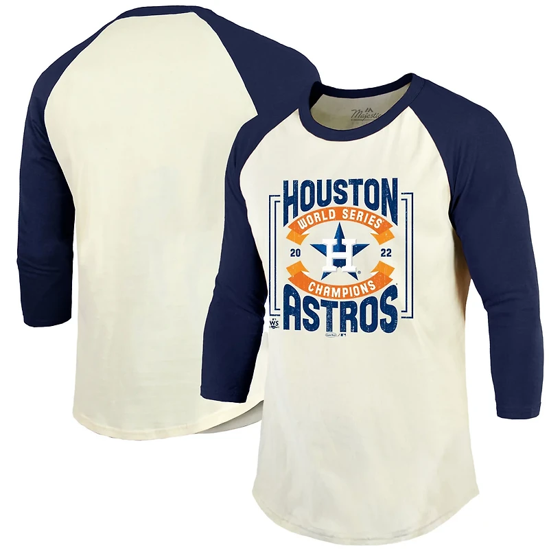 Majestic Threads /Navy Houston Astros 2022 World Series Champions Divide And Conquer Tri-Blend Raglan 3/4-Sleeve T-Shirt