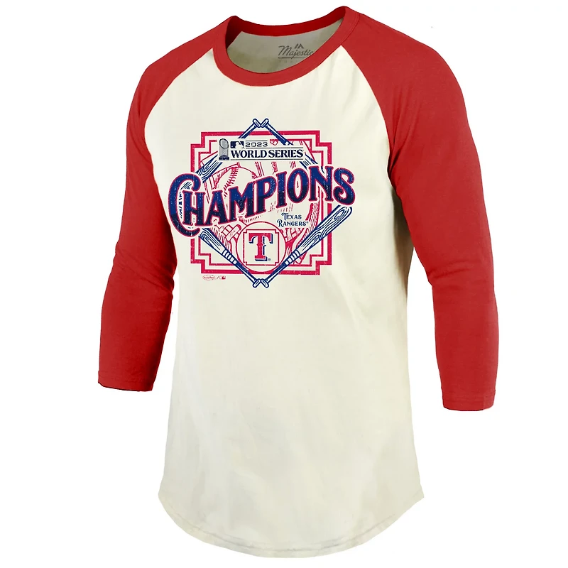 Majestic Threads /Red Texas Rangers 2023 World Series Champions Raglan 3/4-Sleeve T-Shirt