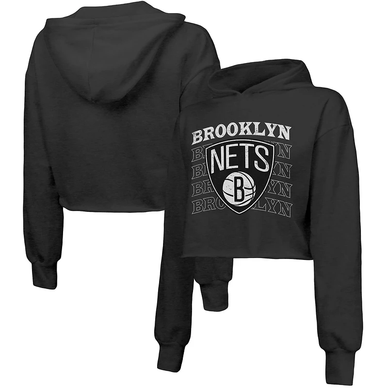 Majestic Threads Brooklyn Nets Repeat Cropped Tri-Blend Pullover Hoodie