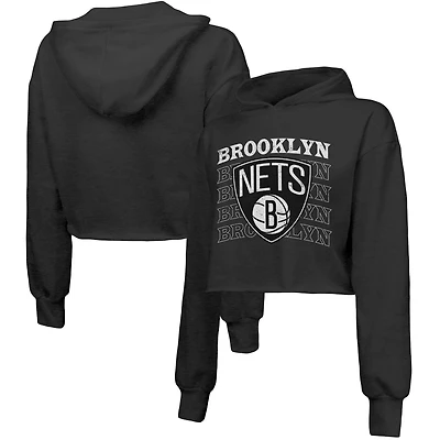 Majestic Threads Brooklyn Nets Repeat Cropped Tri-Blend Pullover Hoodie