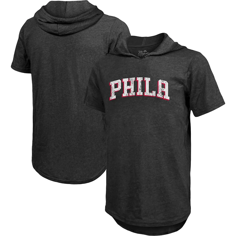 Majestic Threads Heathered Philadelphia 76ers Wordmark Tri-Blend Hoodie T-Shirt