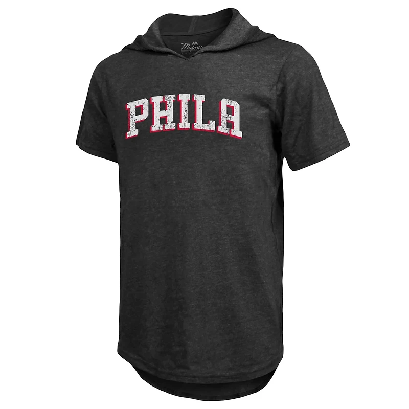 Majestic Threads Heathered Philadelphia 76ers Wordmark Tri-Blend Hoodie T-Shirt