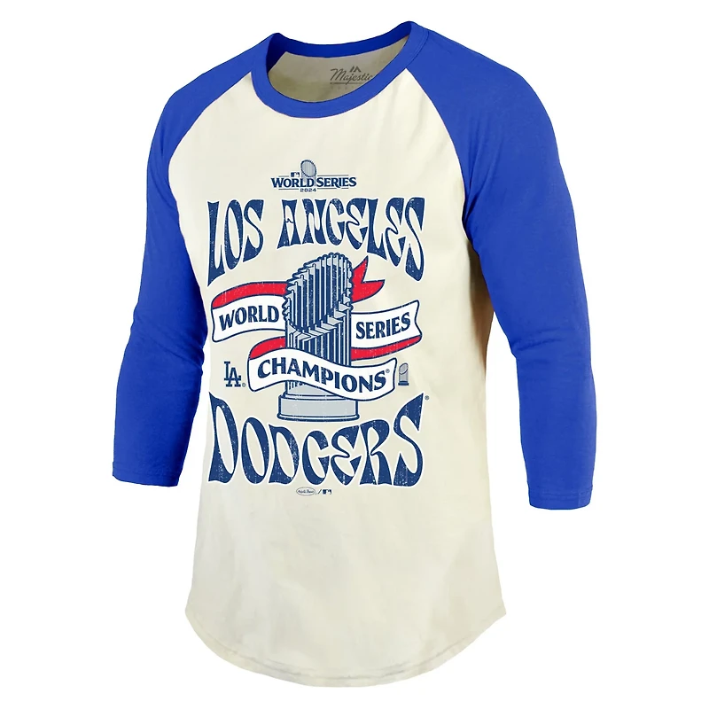 Majestic Threads Royal Los Angeles Dodgers 2024 World Series Champions 3 4-Sleeve Raglan Tri-Blend T-Shirt