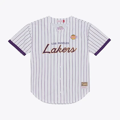 Mitchell Ness Los Angeles Lakers Head Coach Pinstripe Mesh Full-Button Baseball Jersey