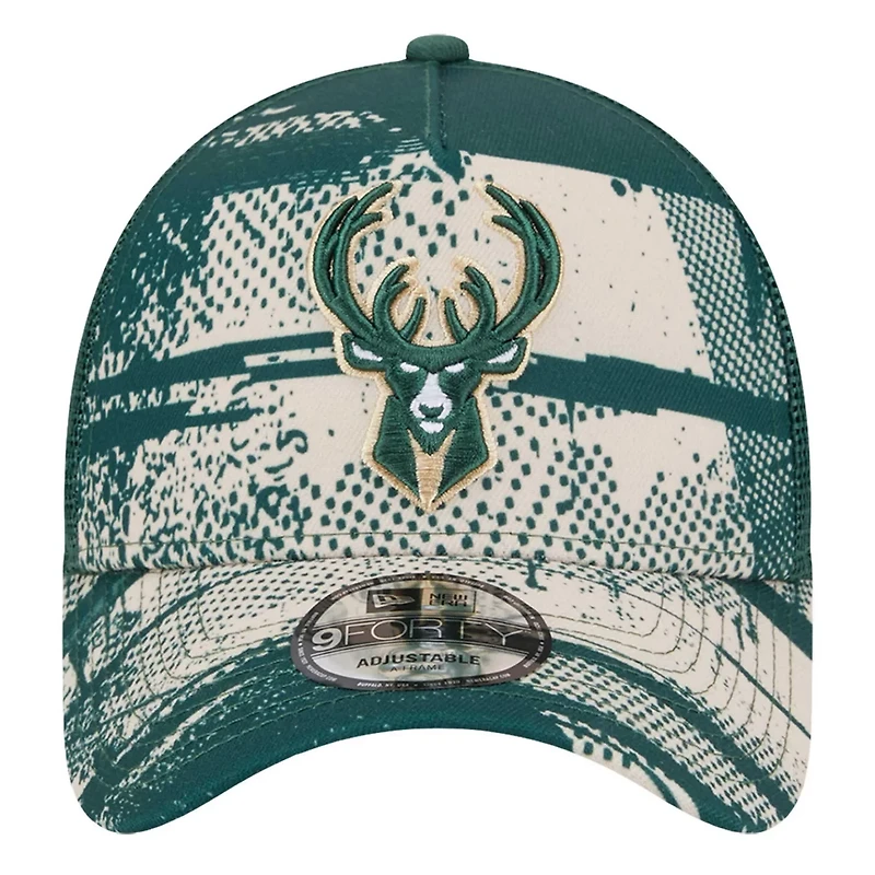 New Era Hunter Cream Milwaukee Bucks Tip Off A-Frame Trucker 9FORTY Adjustable Hat