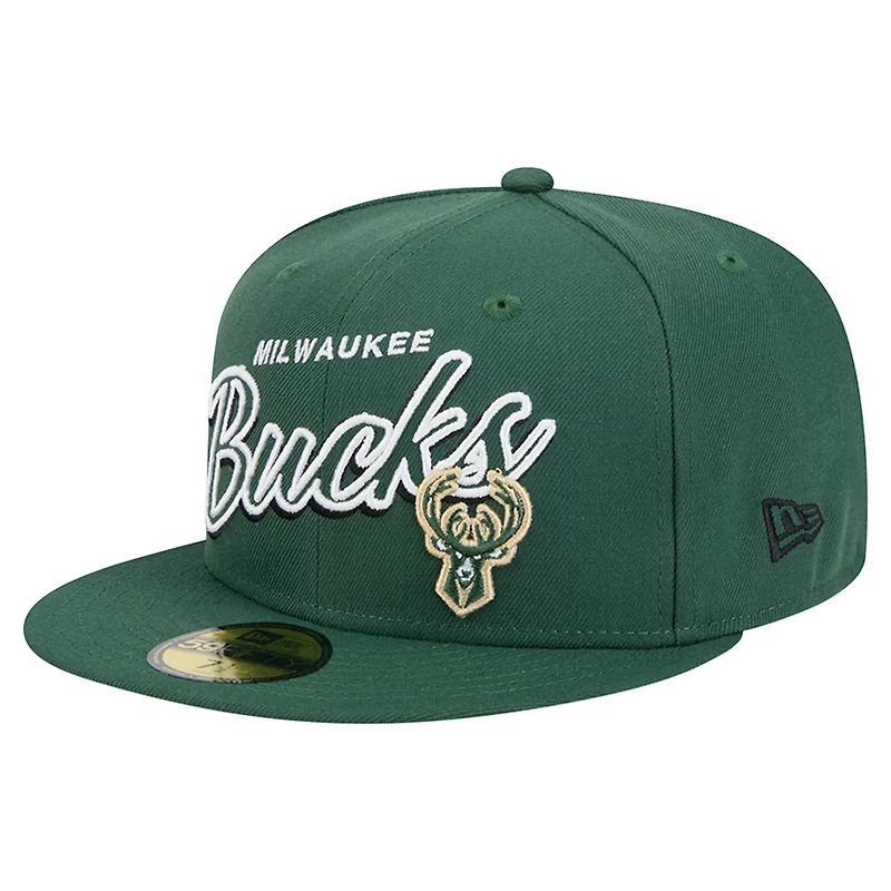 New Era Hunter Milwaukee Bucks Sport Night Script Sided 59FIFTY Fitted Hat