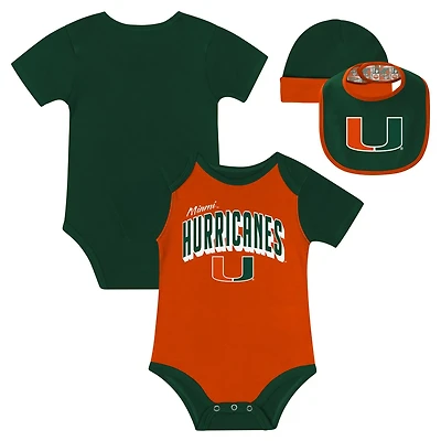 Newborn  Miami Hurricanes Dynamic Duo Bodysuit Bib Cuffed Knit Hat Set
