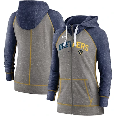 Nike Heather Milwaukee Brewers Split Wordmark Gym Vintage Raglan Lightweight Full-Zip Hoodie