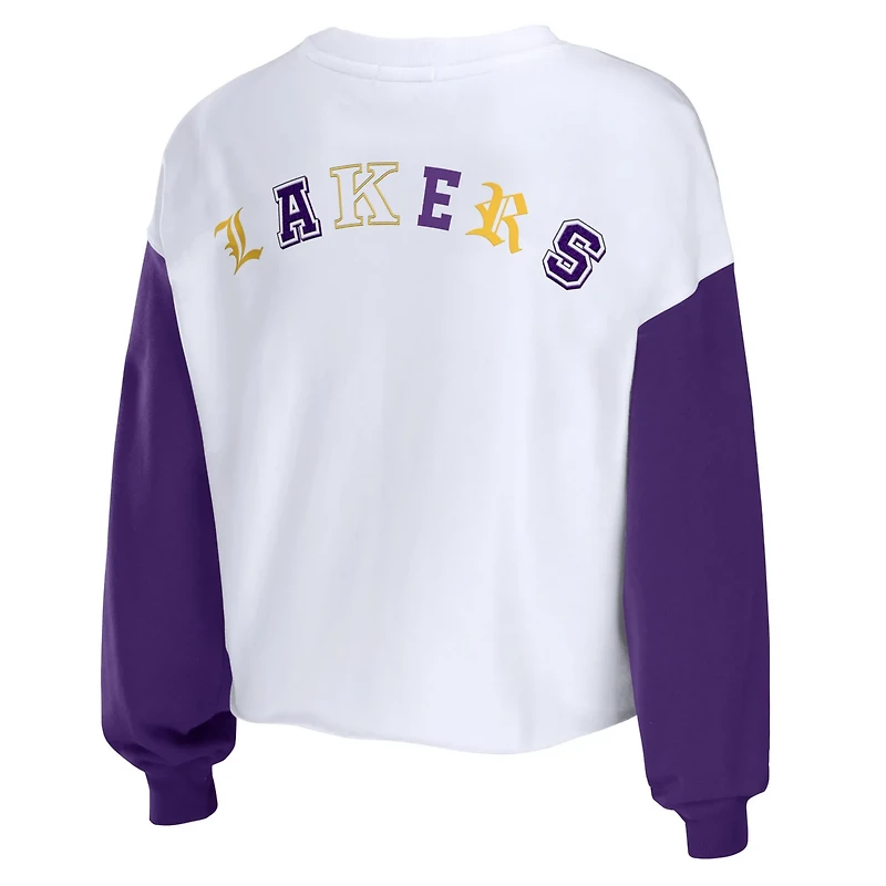 WEAR by Erin Andrews Heather Los Angeles Lakers Mixed Letter Cropped Pullover Sweatshirt