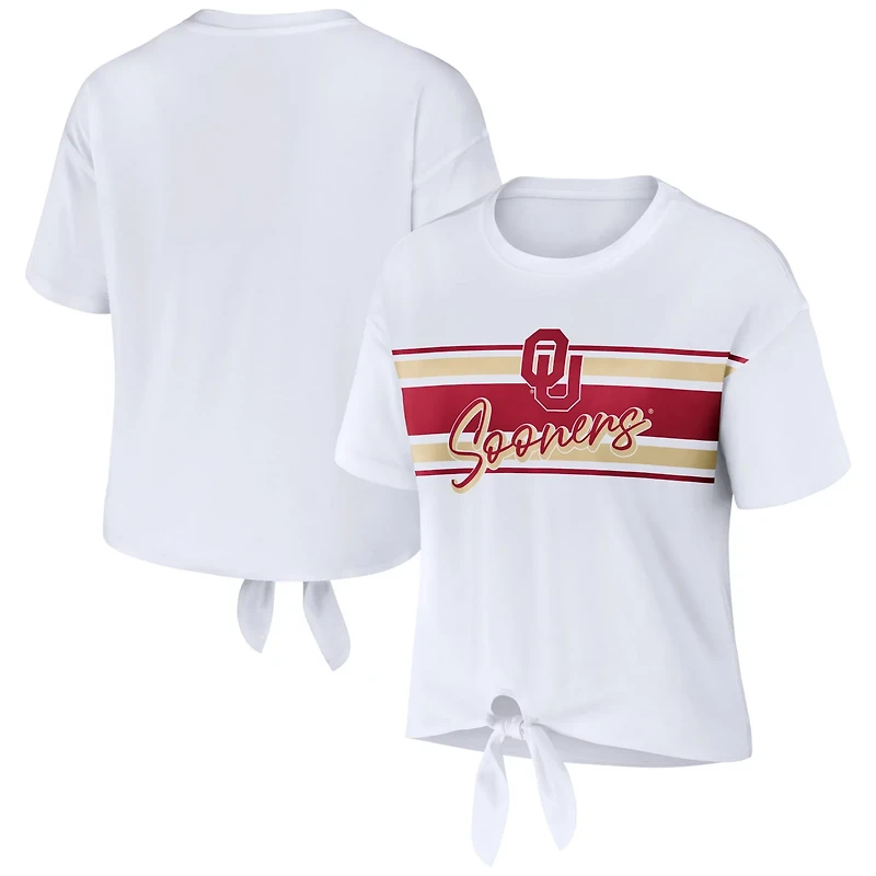 WEAR by Erin Andrews Oklahoma Sooners Striped Front Knot Cropped T-Shirt
