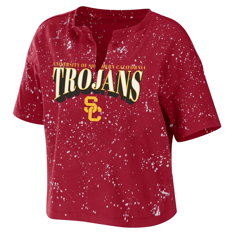 WEAR by Erin Andrews USC Trojans Bleach Wash Splatter Cropped Notch Neck T-Shirt