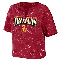 WEAR by Erin Andrews USC Trojans Bleach Wash Splatter Cropped Notch Neck T-Shirt