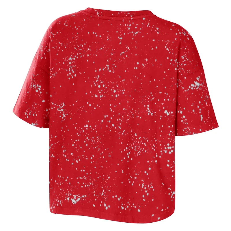 WEAR by Erin Andrews Wisconsin Badgers Bleach Wash Splatter Cropped Notch Neck T-Shirt