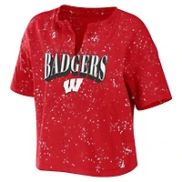 WEAR by Erin Andrews Wisconsin Badgers Bleach Wash Splatter Cropped Notch Neck T-Shirt