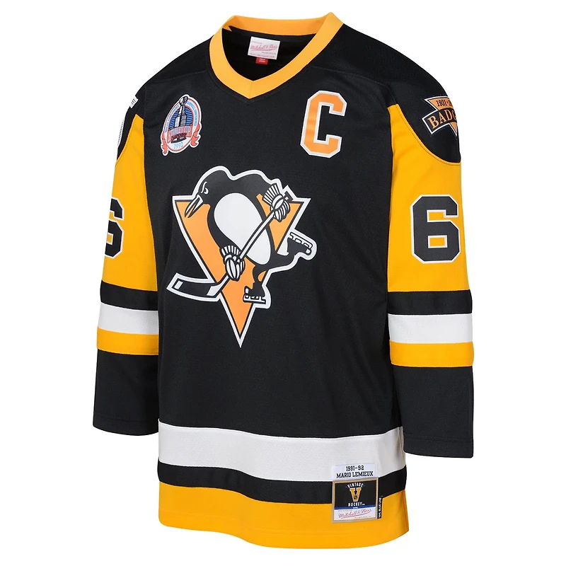 Youth Mitchell  Ness Mario Lemieux Pittsburgh Penguins 1991 92 Captain Patch Blue Line Player Jersey