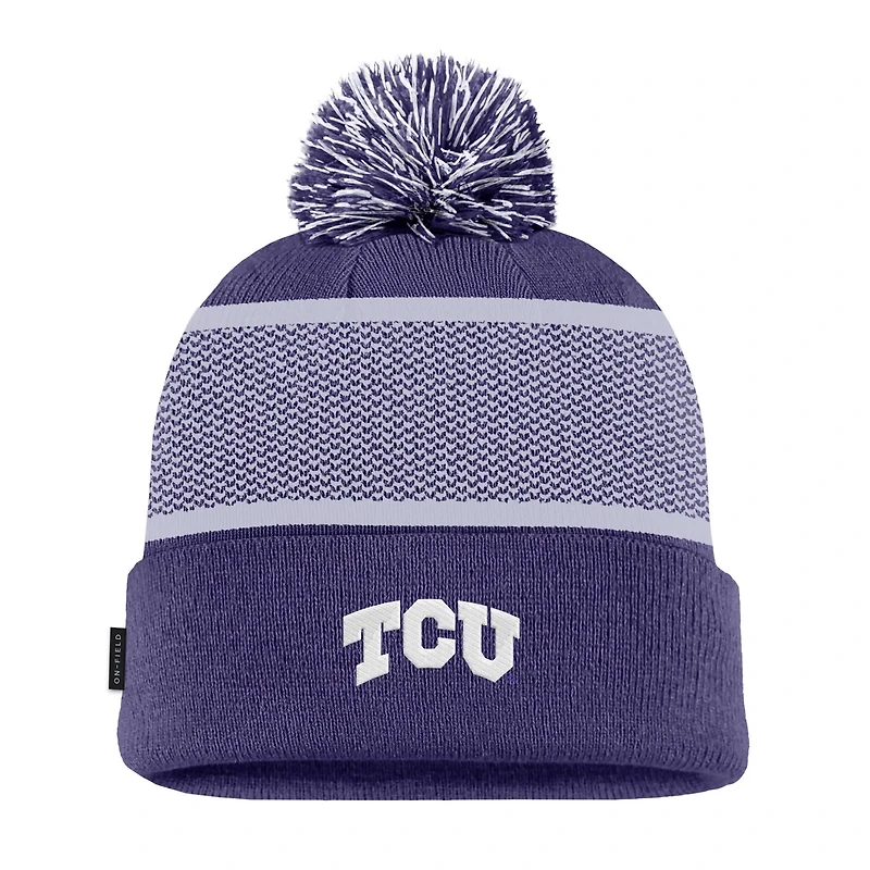 Youth Nike TCU Horned Frogs 2024 Sideline Peak Cuffed Knit Hat with Pom