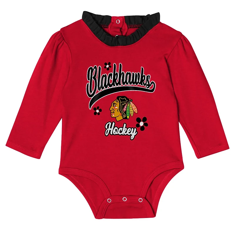 Girls Chicago Blackhawks 3-Piece Rink Queen Long Sleeve Bodysuit Pants Headband Set