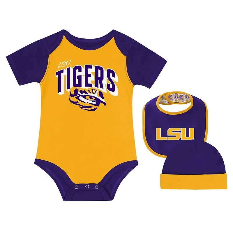 Newborn LSU Tigers Dynamic Duo Bodysuit Bib Cuffed Knit Hat Set