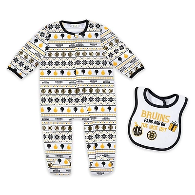 Newborn WEAR by Erin Andrews Boston Bruins Allover Print Full-Zip Sleeper  Bib Christmas Set