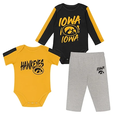 Outerstuff Gold Iowa Hawkeyes Double Down Bodysuit and Pants 3-Piece Set