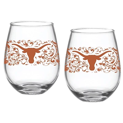 Texas Longhorns Two-Pack 15oz Floral Stemless Glass Set