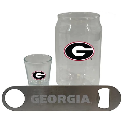 The Memory Company Georgia Bulldogs Three-Pack Beer Glass 2oz Shot Glass  Bottle Opener Set