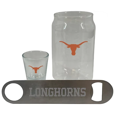The Memory Company Texas Longhorns Three-Pack Beer Glass 2oz Shot Glass  Bottle Opener Set