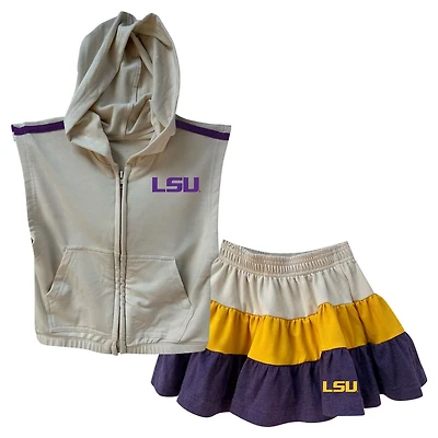 Girls Wes  Willy LSU Tigers Tri-Blend Sleeveless Full-Zip Hoodie Tiered Skirt Set