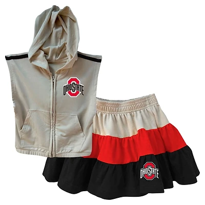 Girls Wes  Willy Ohio State Buckeyes Tri-Blend Sleeveless Full-Zip Hoodie Tiered Skirt Set