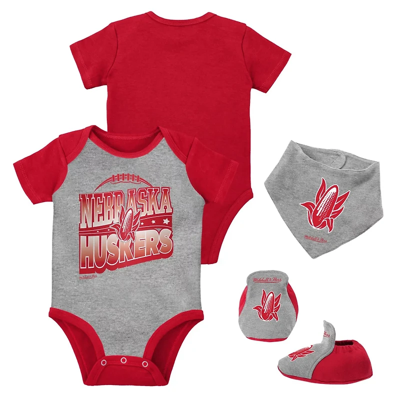 Mitchell  Ness Heather Gray Nebraska Huskers 3-Pack Bodysuit Bib and Bootie Set