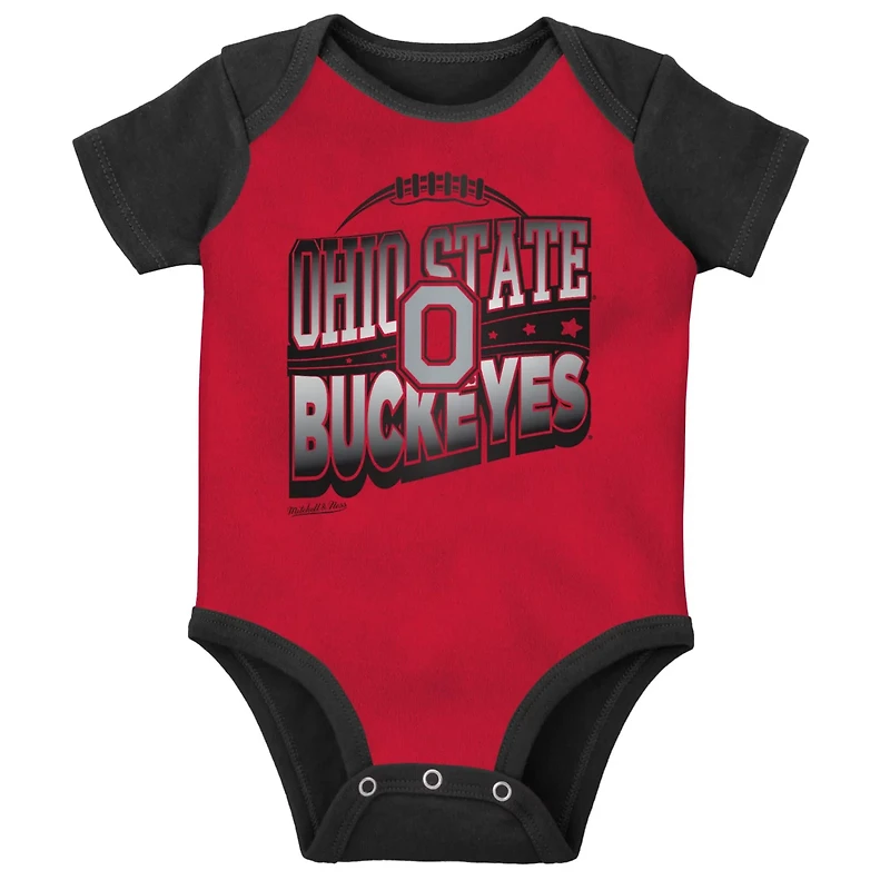 Mitchell Ness Scarlet Ohio State Buckeyes 3-Pack Bodysuit Bib and Bootie Set