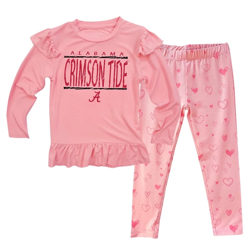 Wes Willy Alabama Crimson Tide Heart Print Ruffle Long Sleeve T-Shirt and Pants Sleep Set