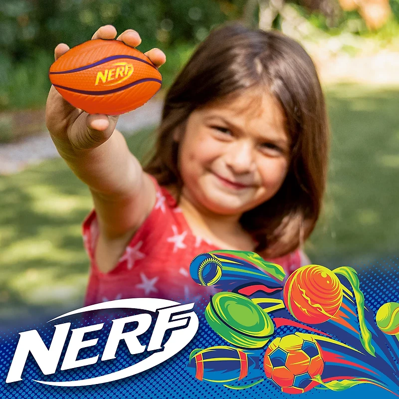 NERF Mini Stress Foam Sport Ball Set - Kids Mini Sports Ball Set - Includes Foam Micro Football, Soccer Ball + Basketball -