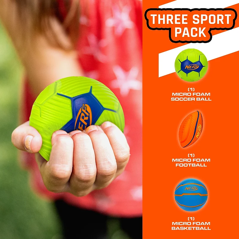NERF Mini Stress Foam Sport Ball Set - Kids Mini Sports Ball Set - Includes Foam Micro Football, Soccer Ball + Basketball -