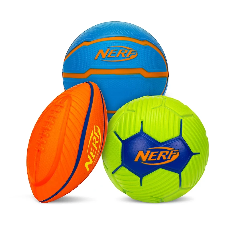 NERF Mini Stress Foam Sport Ball Set - Kids Mini Sports Ball Set - Includes Foam Micro Football, Soccer Ball + Basketball -
