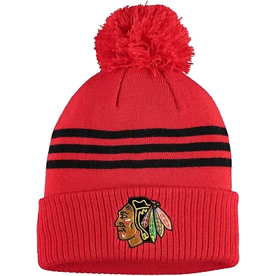 adidas Chicago Blackhawks Locker Room Three Stripe Cuffed Knit Hat with Pom