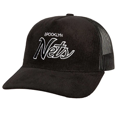 Mitchell  Ness Brooklyn Nets Times Up Classic Script Cord Trucker Hat